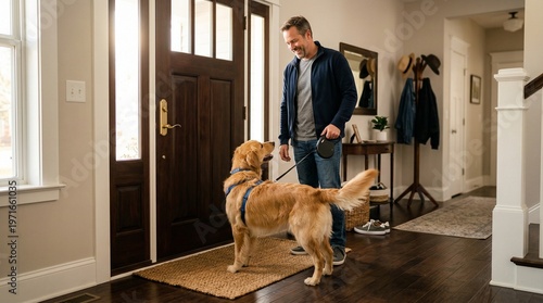 Casual man with golden retriever on leash by dark wood front door in warm morning light