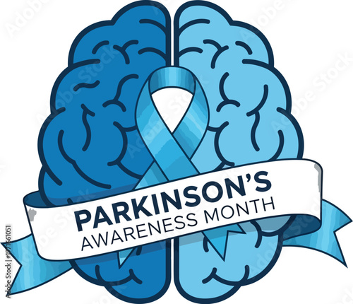 A powerful vector illustration for Parkinson's awareness month featuring a detailed human brain graphic with a light blue ribbon and commemorative banner design.