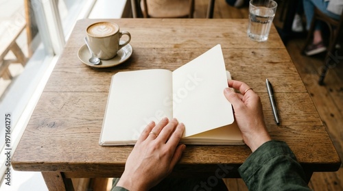 Hands turning blank notebook pages at window table with latte pen and green jacket