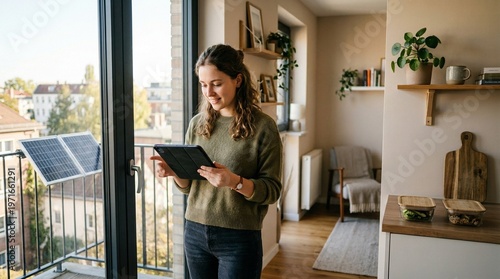 Young woman smiling with tablet on balcony near solar panel in cozy apartment natural light