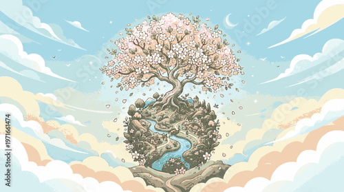 Tree with pink blossoms grows on globe surrounded by clouds and blue sky with crescent moons