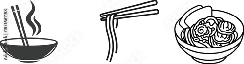 Collection of black food bowl icons showing various meals like noodles, salad, rice, soup, and breakfast in a simple minimalist glyph style for restaurant menus and apps