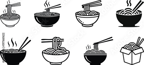 Collection of black food bowl icons showing various meals like noodles, salad, rice, soup, and breakfast in a simple minimalist glyph style for restaurant menus and apps