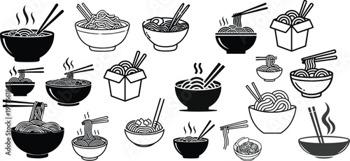 Collection of black food bowl icons showing various meals like noodles, salad, rice, soup, and breakfast in a simple minimalist glyph style for restaurant menus and apps
