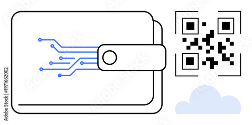 Digital payments, cryptocurrency, secure transactions, financial technology, QR code scanning, cloud data. Image shows a digital wallet with circuits, a QR code and cloud symbol. Digital payments