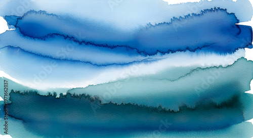 Abstract watercolor painting with flowing waves of blue and green hues creating a serene and calming natural landscape effect