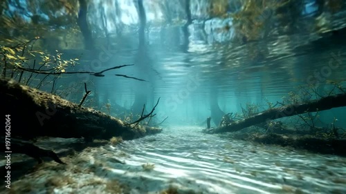 Serene underwater scene with sunlit forest backdrop