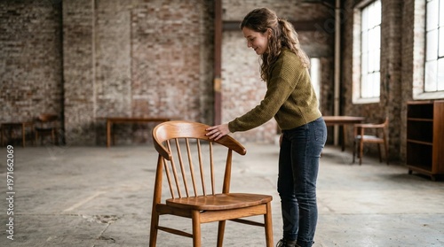 Woman in green sweater placing wooden chair in industrial loft with brick wall and windows