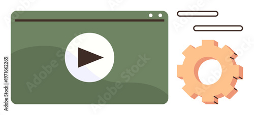 Digital media, content creation, streaming, user interfaces, customization tools, multimedia settings. A green video player interface with a play button and a gear icon. Media settings and digital