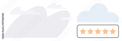 Online reviews, customer feedback, quality assurance, user satisfaction, ratings, cloud technology. Graphic of a cloud with orange five-star rating. Focus on reviews and customer feedback