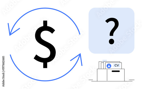 Recruitment cost. Dollar sign and arrows financial considerations. Question mark and CV folder illustrate hiring decisions and employee recruitment cost. For HR, finance, employment stats, labor