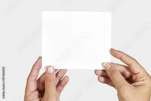 Hands Holding Blank Square Card Mockup For Branding, Note Or Invitation Design