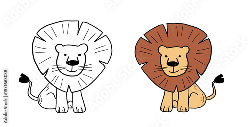Educational coloring activity featuring a friendly lion with a decorative mane. Includes outline illustration and color sample for children's art and nursery decor.