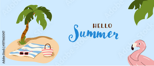 Hello Summer horizontal banner with tropical island palm tree and flamingo inflatable ring. Minimalist summer vacation background with blue sky and hand lettering for web and print.