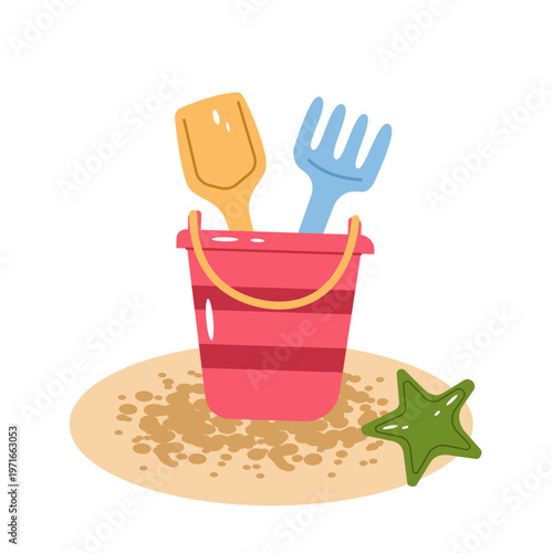 Children's sandbox toy with pink bucket, shovel, rake and starfish on the sand. Colorful beach toys for summer vacation designs.