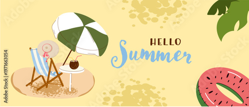 Tropical resort background with deck chair, sun umbrella, coconut drink, and watermelon inflatable float. Minimalist summer vacation banner with stylish lettering.