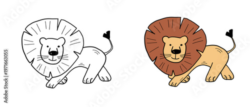 Educational coloring activity featuring a friendly lion character. Outline illustration and color reference for children's creativity, nursery art, and school tasks.