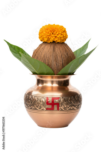 Traditional Copper Kalash with Swastika Symbol Mango Leaves Coconut and Marigold Flower for Akshaya Tritiya Puja Setup on White Background for Greeting Card and Social Media Design