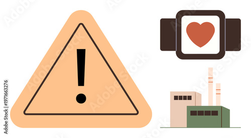 Safety, health monitoring, industrial hazards, wearable technology, environmental awareness, workplace safety. Triangle warning sign, smartwatch with heart factory building. Safety and health