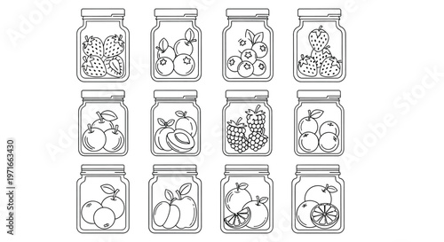 Line art illustration of twelve mason jars filled with various fruits