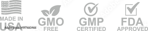 Four products badges MADE IN USA, NON GMO, GMP CERTIFIED, FDA APPROVED. 