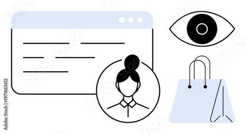 Digital security, online shopping, user identification, privacy management, website design, e-commerce. A profile icon, shopping bag eye and a website layout. Digital security and online shopping