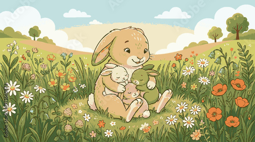 Mother rabbit and baby snuggle in a field of colorful flowers on a sunny day with fluffy clouds