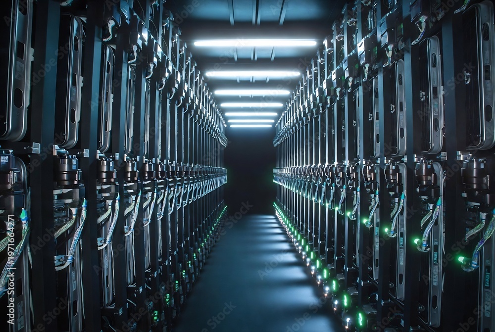 Fototapeta premium A server farm, a long corridor of servers illuminated by fluorescent lights.