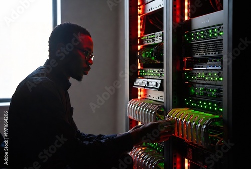 A Black man is examining a server rack in a dark data center.