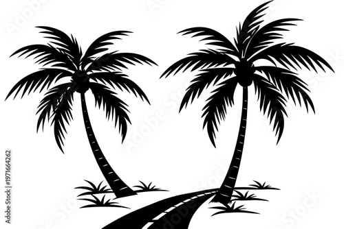 Luxury beachside walkway lined with tall palm trees relaxing island resort scenery vector design