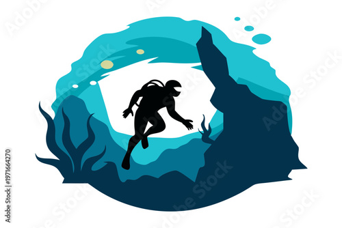 Scuba diver navigating mysterious underwater cave marine adventure silhouette vector design