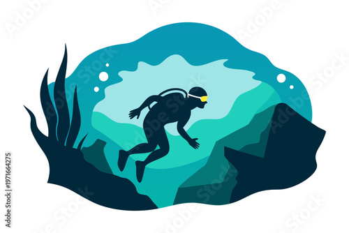 Deep sea diver exploring underwater cave adventurous ocean exploration silhouette vector illustration