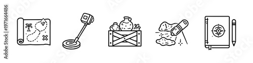 Treasure hunting icons: map, detector, crate, digging, and journal