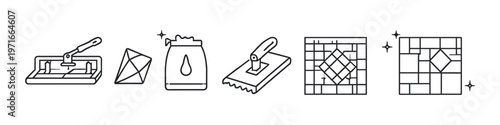 Collection of line art icons representing tiling tools and materials for home renovation