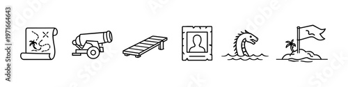 Collection of pirate-themed icons including treasure map, cannon, dock, and island flag