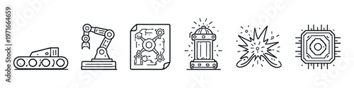 Set of icons representing industrial automation, engineering, and technology concepts