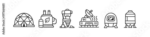 Collection of futuristic technology and habitat icons for space exploration and sustainable living