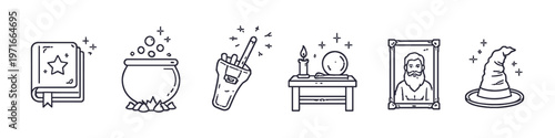 Collection of magical and mystical symbols including a spellbook, cauldron, wand, crystal ball, portrait, and hat
