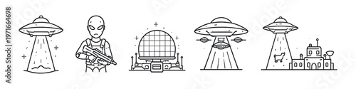 Collection of line art illustrations depicting alien encounters and extraterrestrial themes