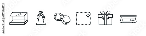 Collection of jewelry store icons including display case, ring, loupe, polishing cloth, gift box, and scale