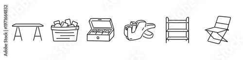 Collection of simple line art icons representing office and home organization items