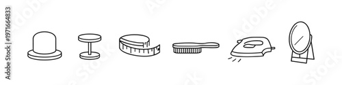 Collection of household and personal care icons including a hat, measuring tape, brush, iron, and mirror