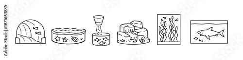 Collection of simple line art icons representing various aquariums and aquatic scenes