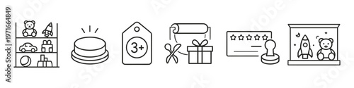 Collection of icons representing toys, gifts, and age ratings for children