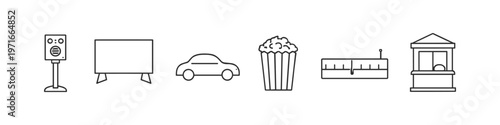 Drive-in movie icons: speaker, screen, car, popcorn, radio, and ticket booth