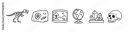 Collection of scientific icons representing paleontology, geology, and anthropology