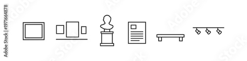 Collection of minimalist icons representing museum exhibits and displays
