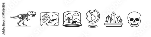 Collection of science and nature icons including dinosaur skeleton, fossils, and globe