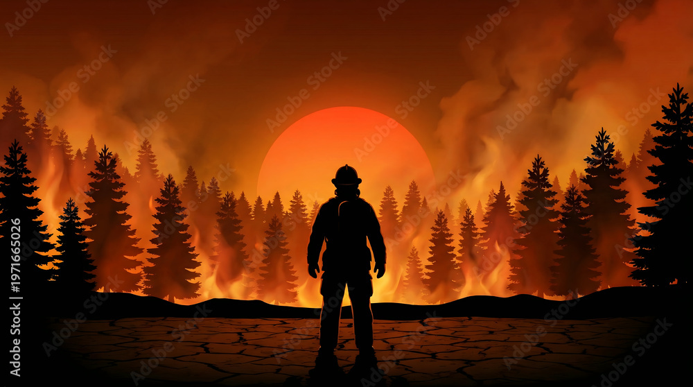 Fototapeta premium Firefighter Silhouette Facing Forest Fire and Sunset
