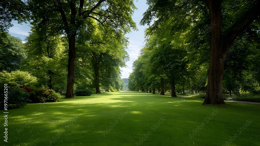 Obraz premium A sun d d green lawn stretching between tall trees in a serene park landscape